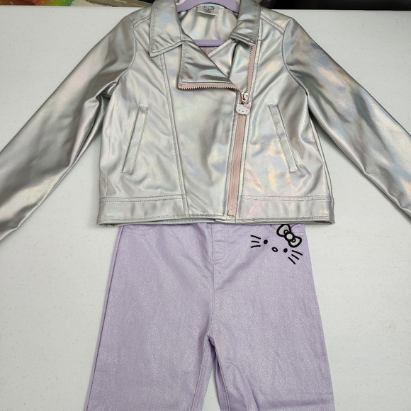 Sanrio Hello Kitty Girls Metallic Silver Moto Jacket & Pants Outfit Set Size 6 - Picture 4 of 14